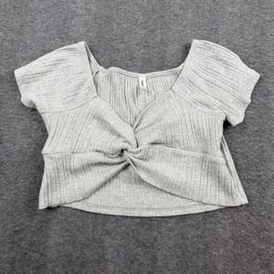7DAY WKND Crop Top Women Medium Gray Ribbed Twist Front Short Sleeve 18943